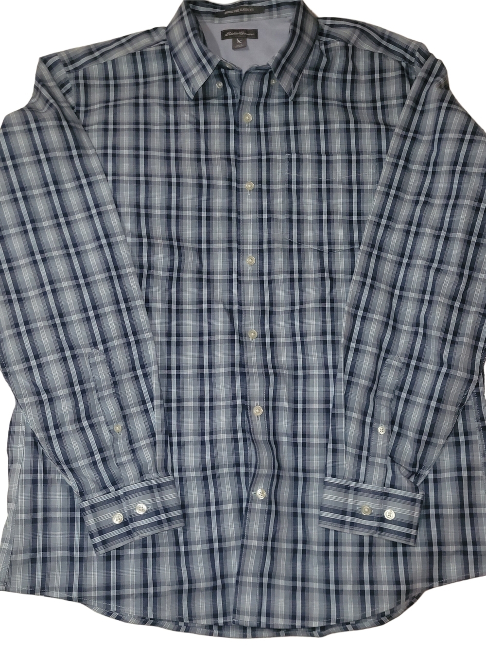 Eddie Bauer Men's Blue and Grey Plaid Classic Fit Shirt Size L
